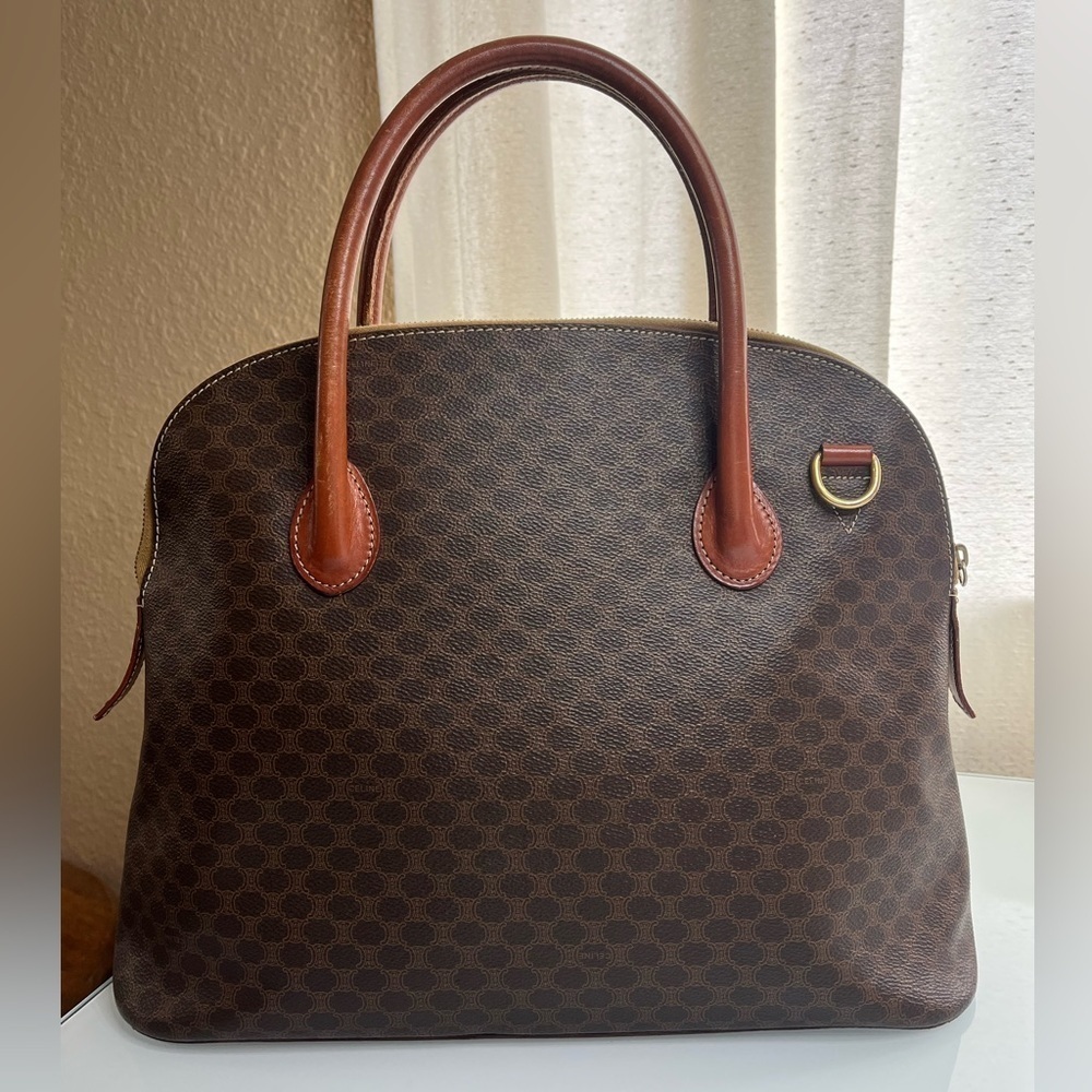 Celine Brown Monogram Dome Satchel with Tan Leather Trim